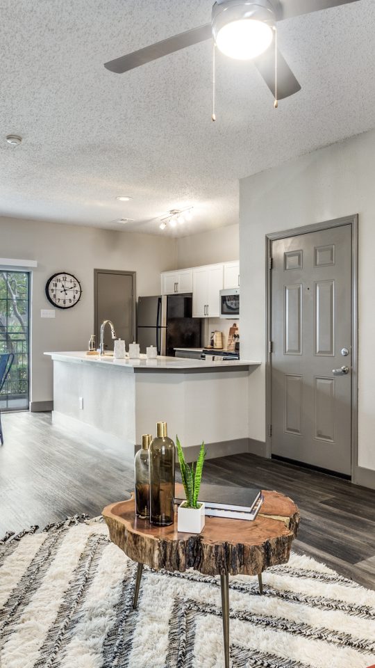 the living room and kitchen area of a home at The Hyde Park at Valley Ranch